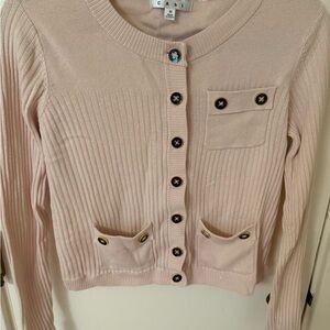 CAbi Blush Pink Ribbed Button Cardigan with Gold Buttons